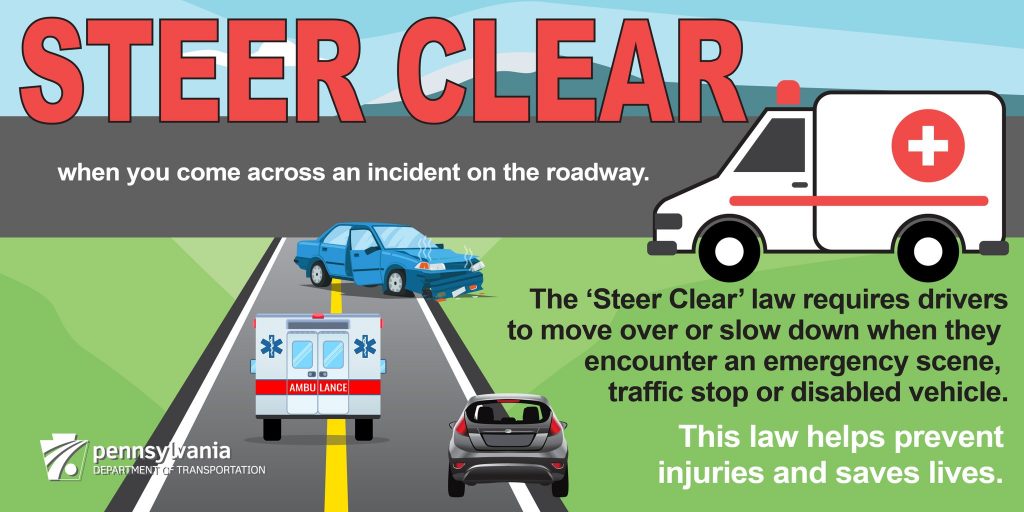 Steer Clear when you come across an incident on the roadway.